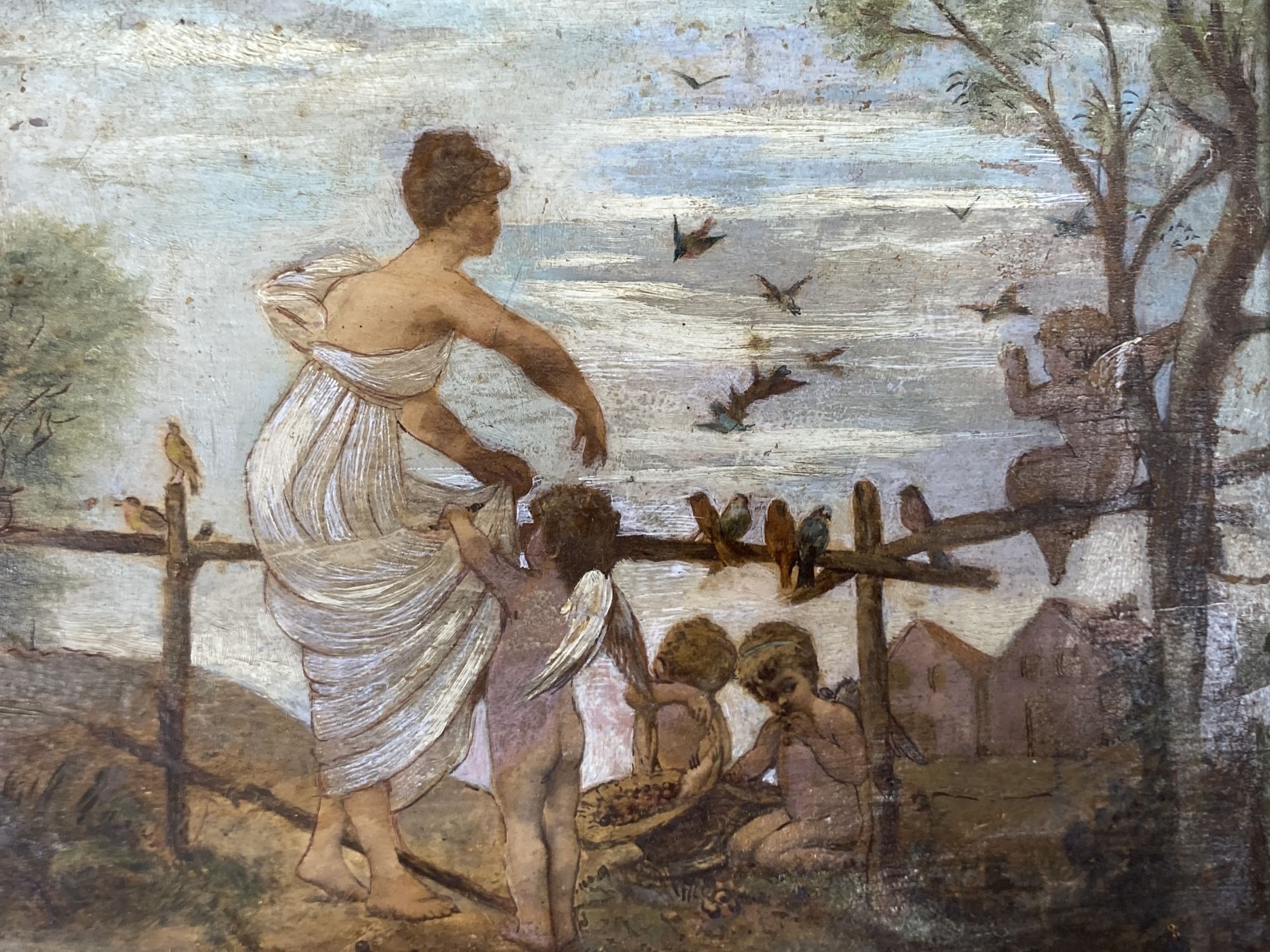 English School c.1900, oil on wooden panel, Woman and cherubs feeding birds, 14.5 x 19.5cm